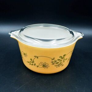 Pyrex Shenandoah Casserole Baking Dish 473-B Yellow Lid W/ Green Floral 1 Liter